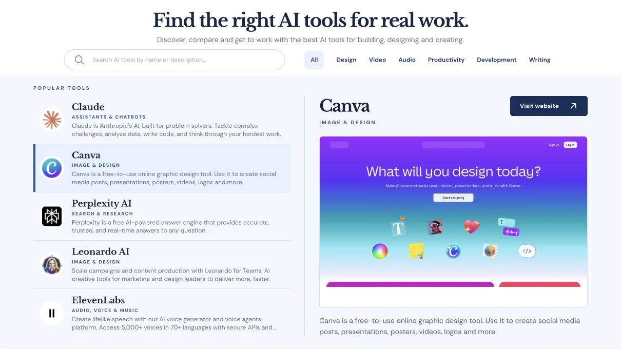 The OpenParable AI Tools directory with a selection of tools and a Canva website preview