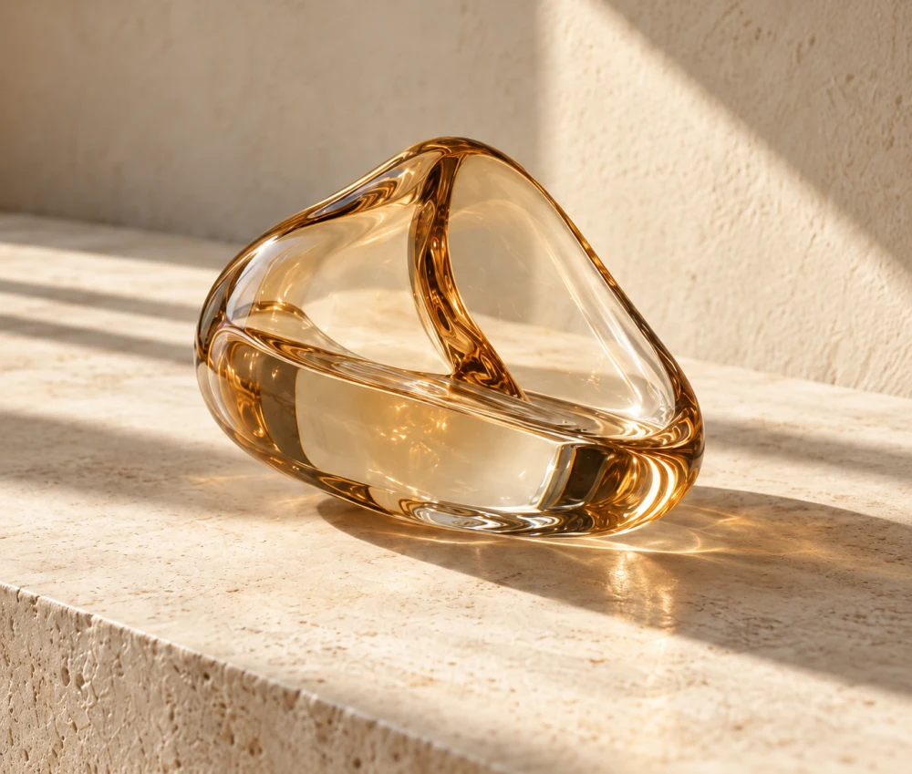 An amber glass sculpture in warm sunlight on a stone surface